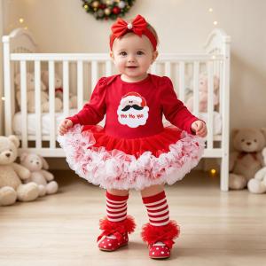 Baby Christmas Long-sleeve Cartoon Romper Dress Red Tulle One-piece Outfit Four-piece Set
