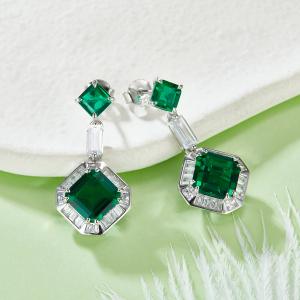 S925 Silver 5.3g Lab-Created Emerald Drop Earrings, 5.13ct Geometric Pair