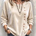 Solid-color Velvet Long-sleeve Top With Slanted Wooden Buttons Asymmetrical Round Neckline