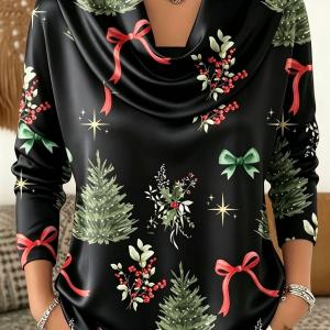 Autumn Christmas Tree Bow Print Turtleneck Printed Long-Sleeve Womens Top