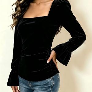 Women's Long Sleeve Casual Square Collar Bell Sleeve Gold Velvet