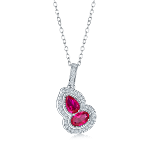 S925 Silver 2.7g Lab-Created Ruby Necklace, 6.4mm Two-Stone Halo Pendant, 40&5cm