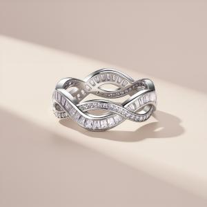 S925 Silver 3g Baguette Moissanite Intertwined Ring, D VVS1, GRA US 5-8