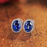 S925 Silver 1.9g Lab-Created Ruby Sapphire Earrings, 7x5mm Halo Studs, 2 Colors