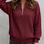 Women's Solid-color Zip-up Long-sleeve Casual Loose-fit Crew-neck Top