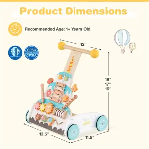 Wooden Baby Walker with 3-Position Adjustable Heights and Smooth Wheels