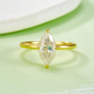 S925 Silver 2.0g Gold Plated 2.0ct Marquise Moissanite Ring, 2x6mm D VVS1, GRA Certified US 5-9
