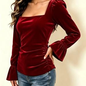 Women's Long Sleeve Casual Square Collar Bell Sleeve Gold Velvet