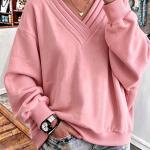 Women's Solid Color Loose V-neck Brushed Hoody