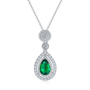 S925 Silver 4.6g Platinum Plated 3.5ct Lab-Created Emerald Necklace, 11x7mm Teardrop Halo Pendant, 40&5cm
