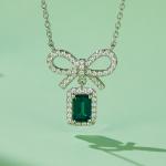 S925 Silver 2.6g Lab-Created Emerald Bow Necklace, 0.5ct Gem, 40&5cm