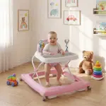 Pink Foldable Baby Walker with Detachable Tray & Shape Sorter Toys, 3-Level Height Adjustable for 6-12 Months