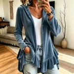 New Fallwinter Womens Hooded Solid-color Long-sleeve Loose-fit Button-front Cardigan