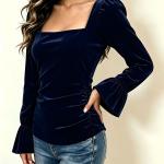 Women's Long Sleeve Casual Square Collar Bell Sleeve Gold Velvet
