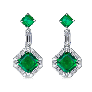 S925 Silver 5.3g Lab-Created Emerald Drop Earrings, 5.13ct Geometric Pair