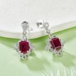S925 Silver 4.4g Platinum Plated Lab-Created Ruby Drop Earrings, 8x6mm Emerald Cut 4ct, Pair