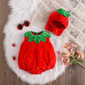 Babys Fallwinter Strawberry-themed Romper And Hat Two-piece Set