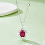 S925 Silver 5g Platinum Plated 4ct Lab-Created Ruby Necklace, 9x7mm Halo Pendant, 40&5cm