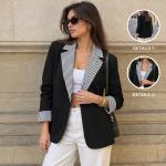 Turn-down Collar Plaid Color-blocked Loose-fit Long-sleeve Blazer