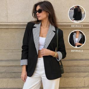 Turn-down Collar Plaid Color-blocked Loose-fit Long-sleeve Blazer