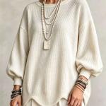 Women's Autumn Round-Neck Lantern-Sleeve Top With Irregular Wavy Hem