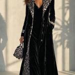 Retro Leopard-print Color-block Lapel Single-breasted Long-sleeve Trench Coat