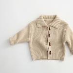 Solid-color Horn-button Cardigan Childrens Cotton Knit Jacket