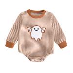 Baby Girl Waffle Knit Striped Long Sleeve Romper with Ghost Embroidery
