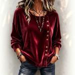 Solid-color Velvet Long-sleeve Top With Slanted Wooden Buttons Asymmetrical Round Neckline
