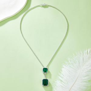 S925 Silver 12.9g 12.7ct Lab-Created Emerald Necklace, 15x12mm & 10x10mm Double Drop, 40cm
