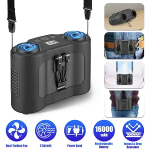 16000mAh 4 In 1 Dual-Turbine Waist Clip Fan Wearable Personal Fan Hands-Free With 5 Speeds LCD Display Lanyard Double As Power Bank For Jobsites Camping Hiking