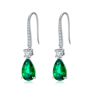 S925 Silver 2.8g Lab-Created Emerald Dangle Earrings, 11x7mm 0.6ct Pear Pair