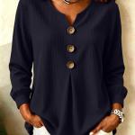 Loose-fit V-neck Button-down Solid-color Casual Top For Fallwinter