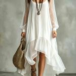 Women's Fashion Pure Color Mesh Irregular Flowy Dress
