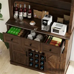 Brown Farmhouse 72" Pantry Cabinet With Hutch, Sliding Barn Doors & Wine Storage Rack