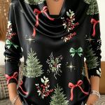 Autumn Christmas Tree Bow Print Turtleneck Printed Long-Sleeve Womens Top