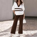 Womens Casual Color-Block Striped Top And Pants Set