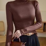 High-elasticity Cotton Mock-neck Base Layer Women's Long-sleeve T-shirt