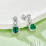 S925 Silver 2.2g Platinum Plated 0.98ct Lab-Created Emerald Drop Earrings, 5mm Halo Studs, Pair