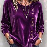 Solid-color Velvet Long-sleeve Top With Slanted Wooden Buttons Asymmetrical Round Neckline
