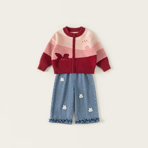 Cartoon Girls Sweater Jeans Set Acrylic Knitted
