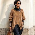 Corduroy And Leather Patchwork Asymmetrical Stand-collar Coat
