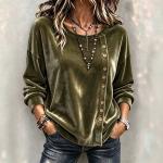 Solid-color Velvet Long-sleeve Top With Slanted Wooden Buttons Asymmetrical Round Neckline