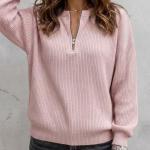 Women's Solid-color Zip-up Long-sleeve Casual Loose-fit Crew-neck Top