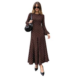 Women's Autumn New Style Waist-Cinching Bell-Sleeve Polka-Dot Dress