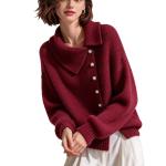 Cardigan Asymmetric Wide Collar Pearl Buckle Knitted Sweater