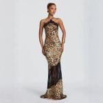 Retro Leopard-print Lace-trimmed Halter-neck Dress