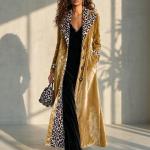 Retro Leopard-print Color-block Lapel Single-breasted Long-sleeve Trench Coat