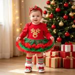 Baby Christmas Long-sleeve Cartoon Romper Dress Red Tulle One-piece Outfit Four-piece Set