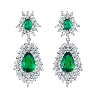 S925 Silver 8.8g 4.12ct Lab-Created Emerald Drop Earrings, 11x7mm & 6x4mm, Pair